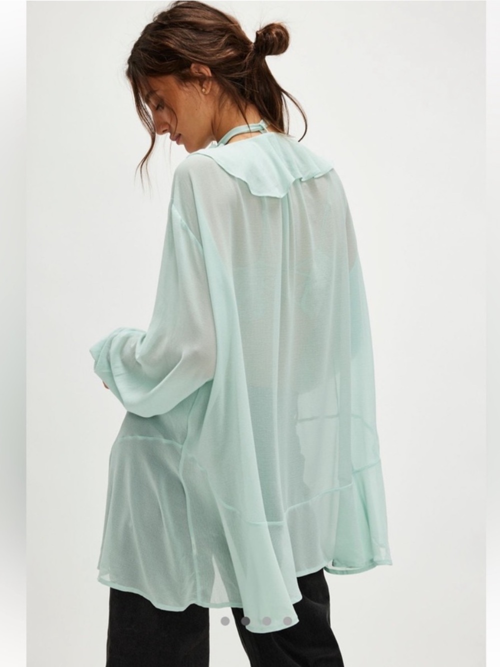 Free People Mint Green Dreamland Ruffle Sheer Solid Tie Sash Tunic Top Small - Picture 4 of 8